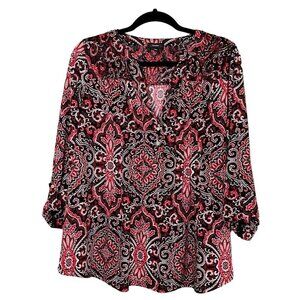 Cocomo Top Women 1X Red V Neck Pullover Black Paisley Silver Buttons Roll Tab
